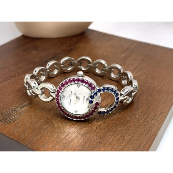 Lucien Piccard Women's Watch Swiss Quartz Blue Red Gemstone Steel 22mm Petite - Picture 7 of 13